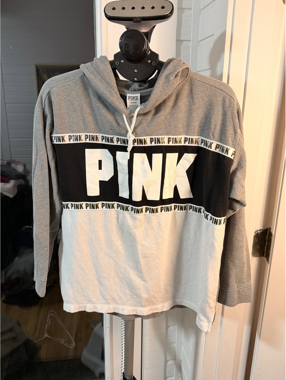 PINK Gray and White Hooded Sweatshirt